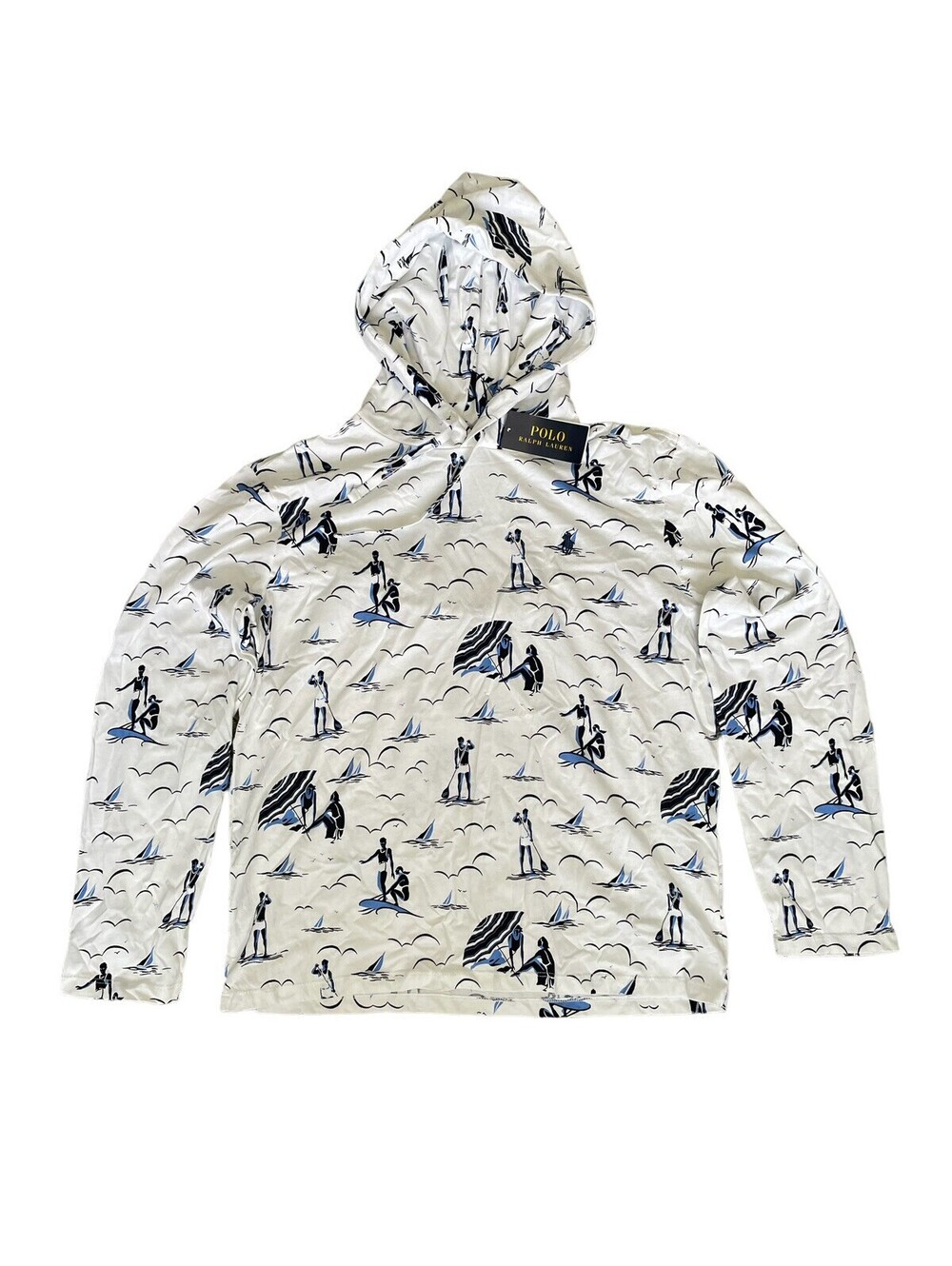 POLO RALPH LAUREN Mens White Multi Surfer Print Hooded Shirt Jacket Size Medium
